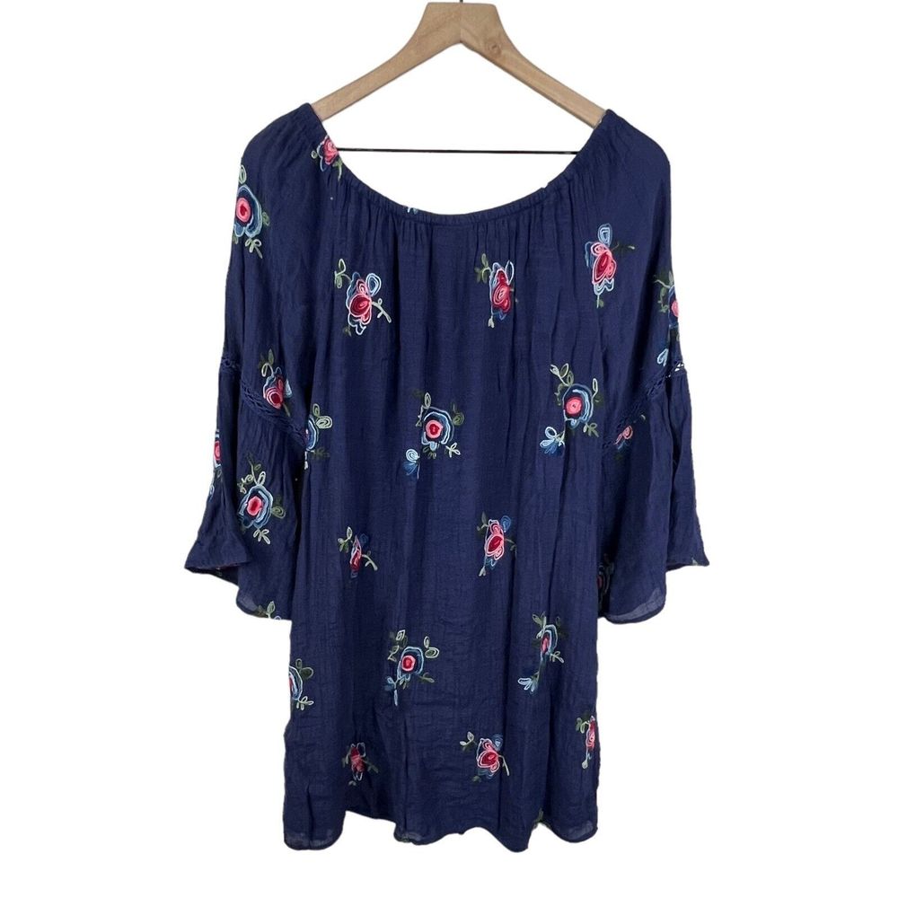 Fig & Flower Anthropologie Blue Floral Embroidered Off Shoulder Dress Large